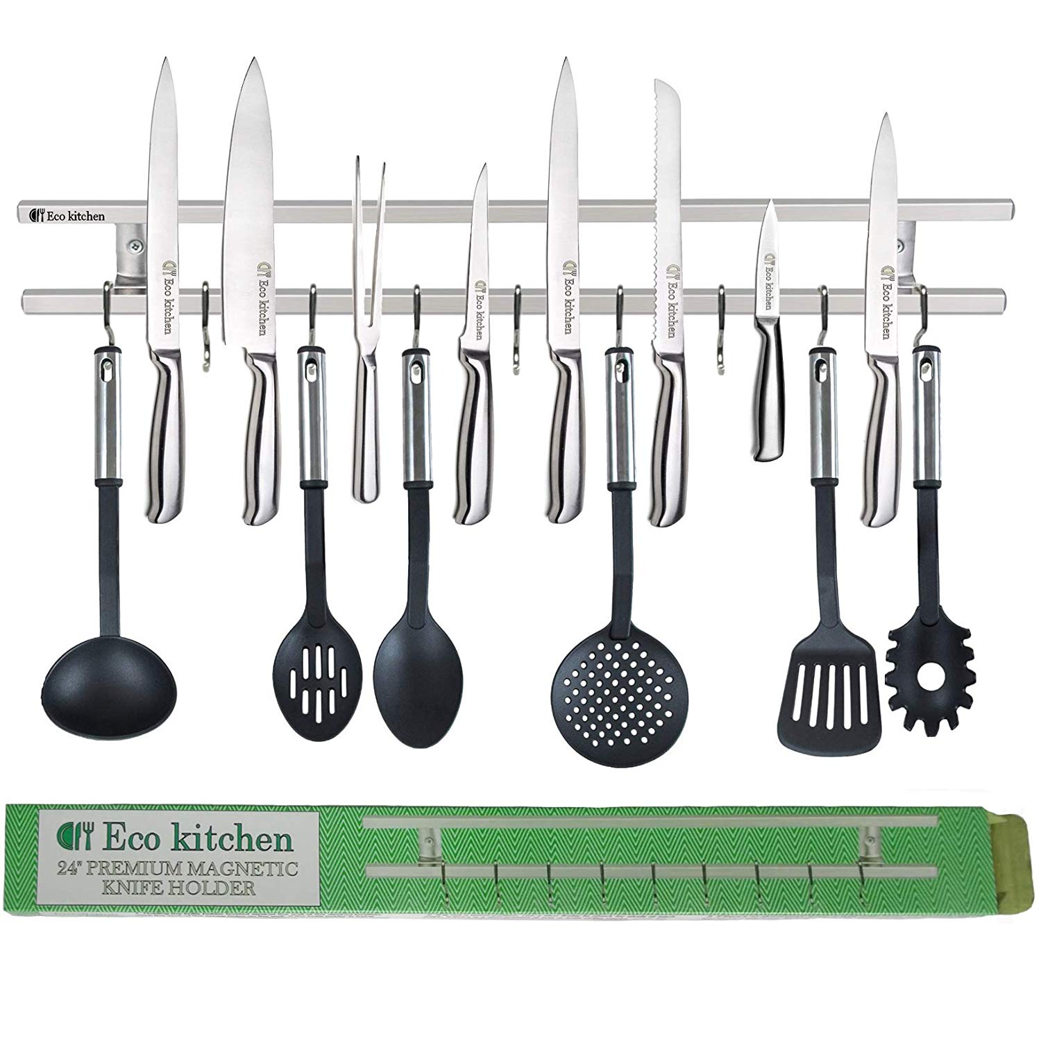 Magnetic Knife Strip 24 Inch - Best Kitchen Magnetic Knife Holder - Wall Knife Magnet - Magnetic Knife Rack Bar With 9 Hooks in Gift Box - 5 Years Guarantee
