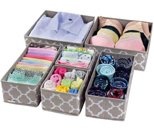 Foldable Cloth Storage Box Closet Dresser Drawer Organizer Cube Basket Bins Containers Divider with Drawers for Underwear, Bras, Socks, Ties, Scarves, Set of 6 Light Coffee with White Lantern Pattern