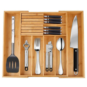 Utensil Drawer Organizer Bamboo Flatware Organizer Expandable Kitchen Silverware Organizer Cutlery Tray with 2 Removable Knife Blocks 8 Compartments Kitchen Tray for Utensil, Cutlery, Flatware, Silver