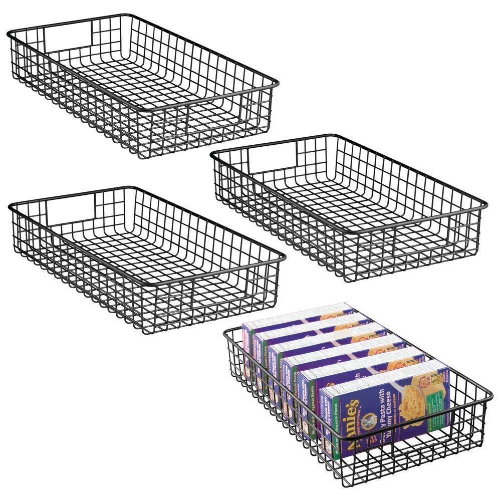 mDesign Household Metal Wire Cabinet Organizer Storage Organizer Bins Baskets trays - for Kitchen Pantry Pantry Fridge, Closets, Garage Laundry Bathroom - 16" x 9" x 3" - 4 Pack - Matte Black
