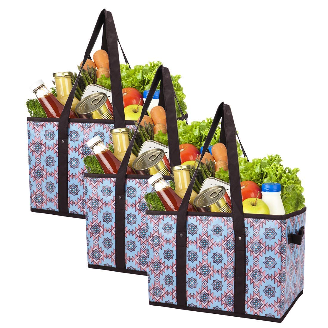 Foraineam Reusable Grocery Bags Set Durable Heavy Duty Tote Bag Collapsible Grocery Shopping Box Bag with Reinforced Bottom, Pack of 3