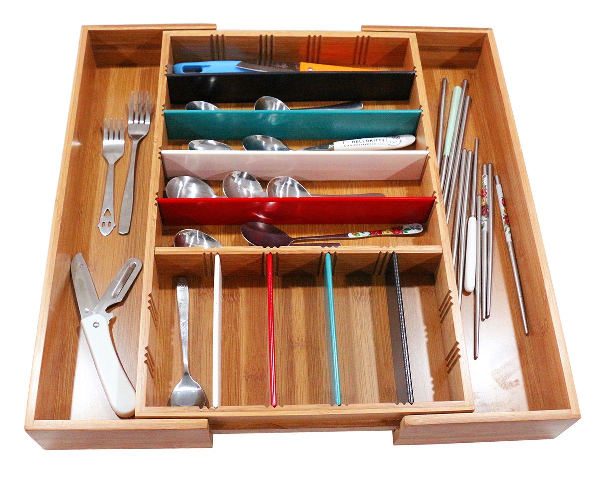 ISINO Durable and Adjustable Drawer Organizer, Cutlery and Utensil Tray, Kitchen Silverware Divider Tray with 10-12 Slots, Size (11 4/5"-18 3/10") L x 17 1/2" W x 2 1/2" H