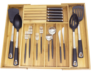 Expandable Bamboo Kitchen Drawer Organizer w/Built-in Solid Bamboo Knife Block 100% Eco Friendly Adjustable Bamboo Kitchen Utensil & Cutlery Tray.