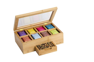 KicheNest Bamboo Tea Box Organizer Chest Caddy With 8 Compartments For Up To 140 Tea Bags – Elegant Wood, Magnetic Closure, Clear View Lid, Expandable Drawer – For Display, Tea Parties, Gifts & More