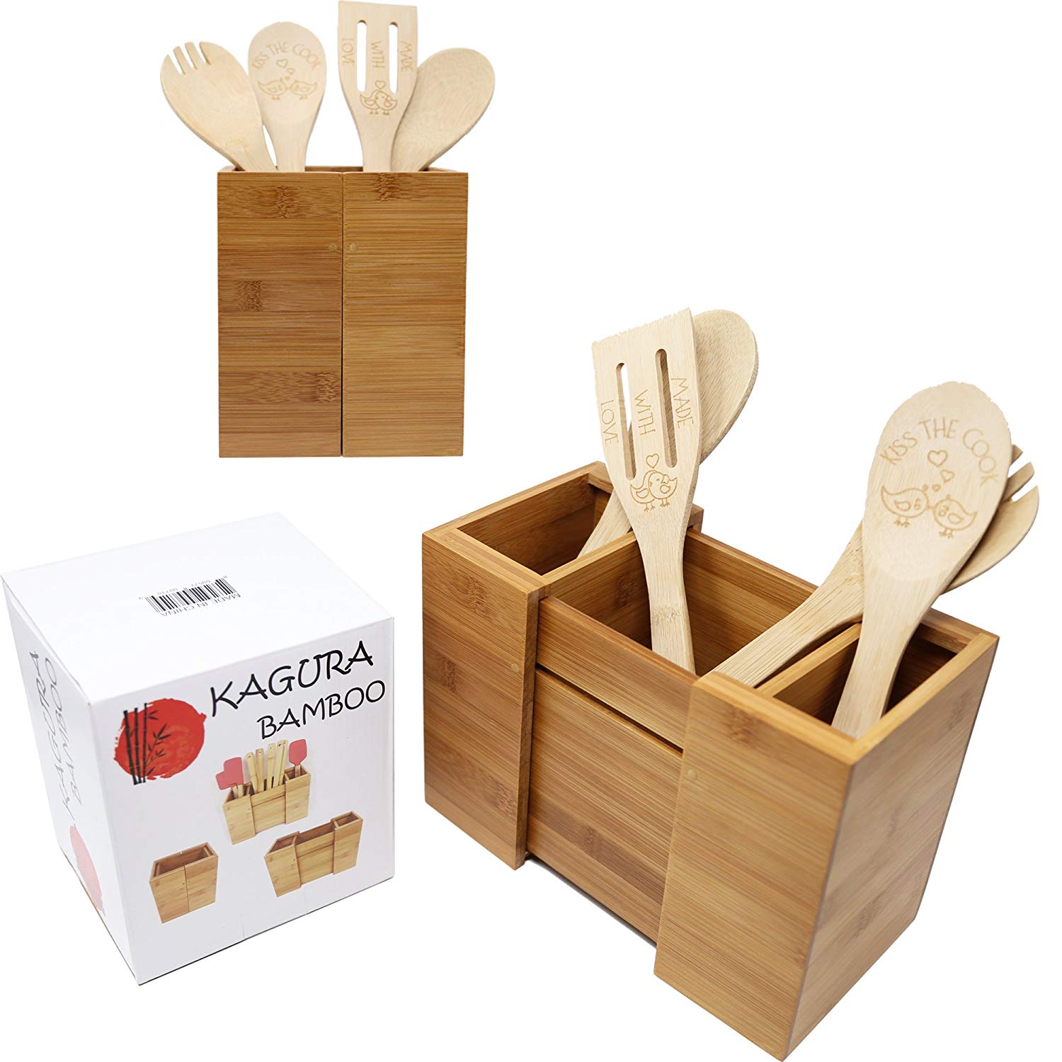 Bamboo Expandable Utensil Holder Organizer|Constructed from 100% Real Bamboo Wood● Durable ●Dividers for Flatware and Kitchen Utensils
