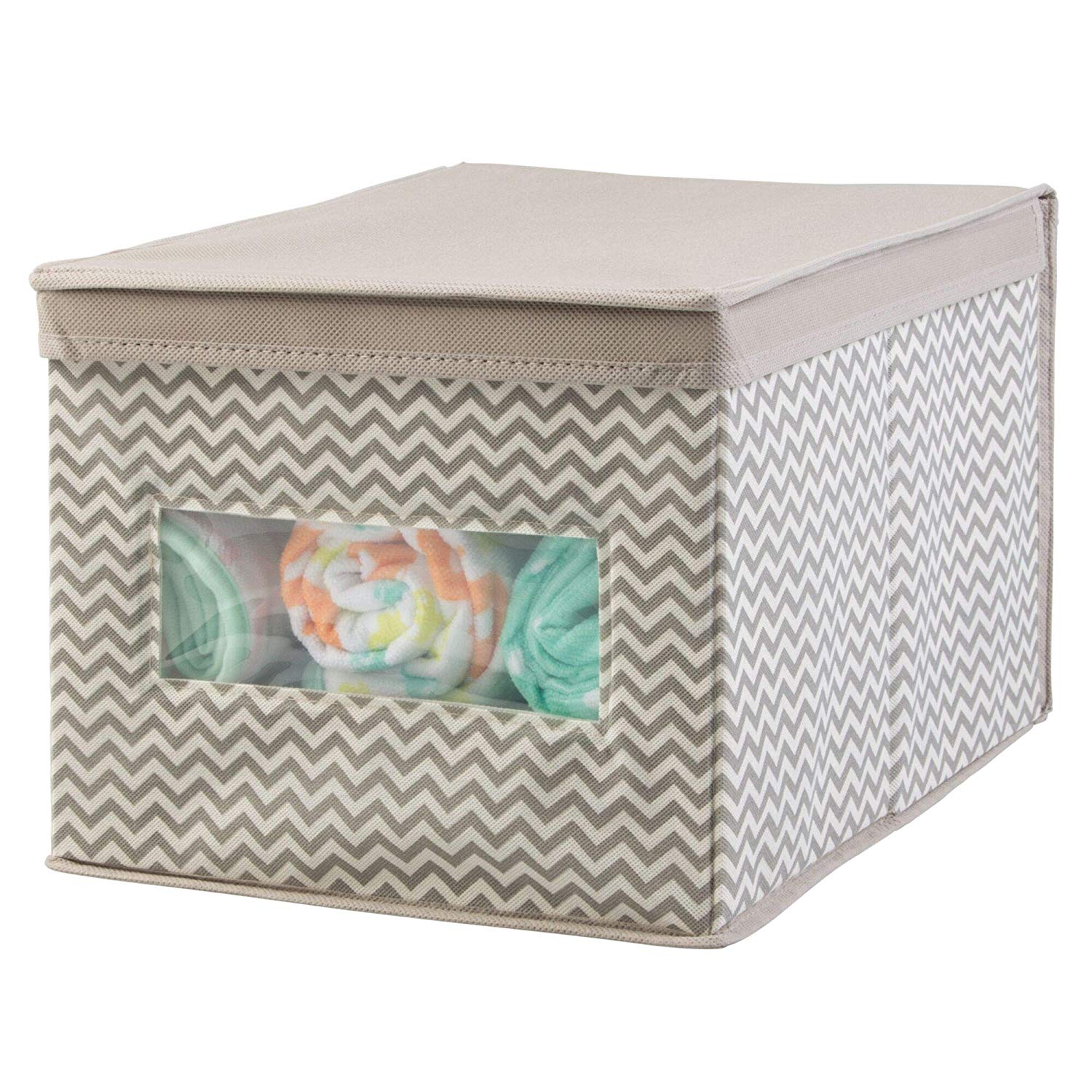 mDesign Decorative Soft Stackable Fabric Closet Storage Organizer Holder Box - Clear Window, Lid, for Child/Kids Room, Nursery - Large, Collapsible Foldable - Chevron Zig-Zag Print - Taupe/Natural
