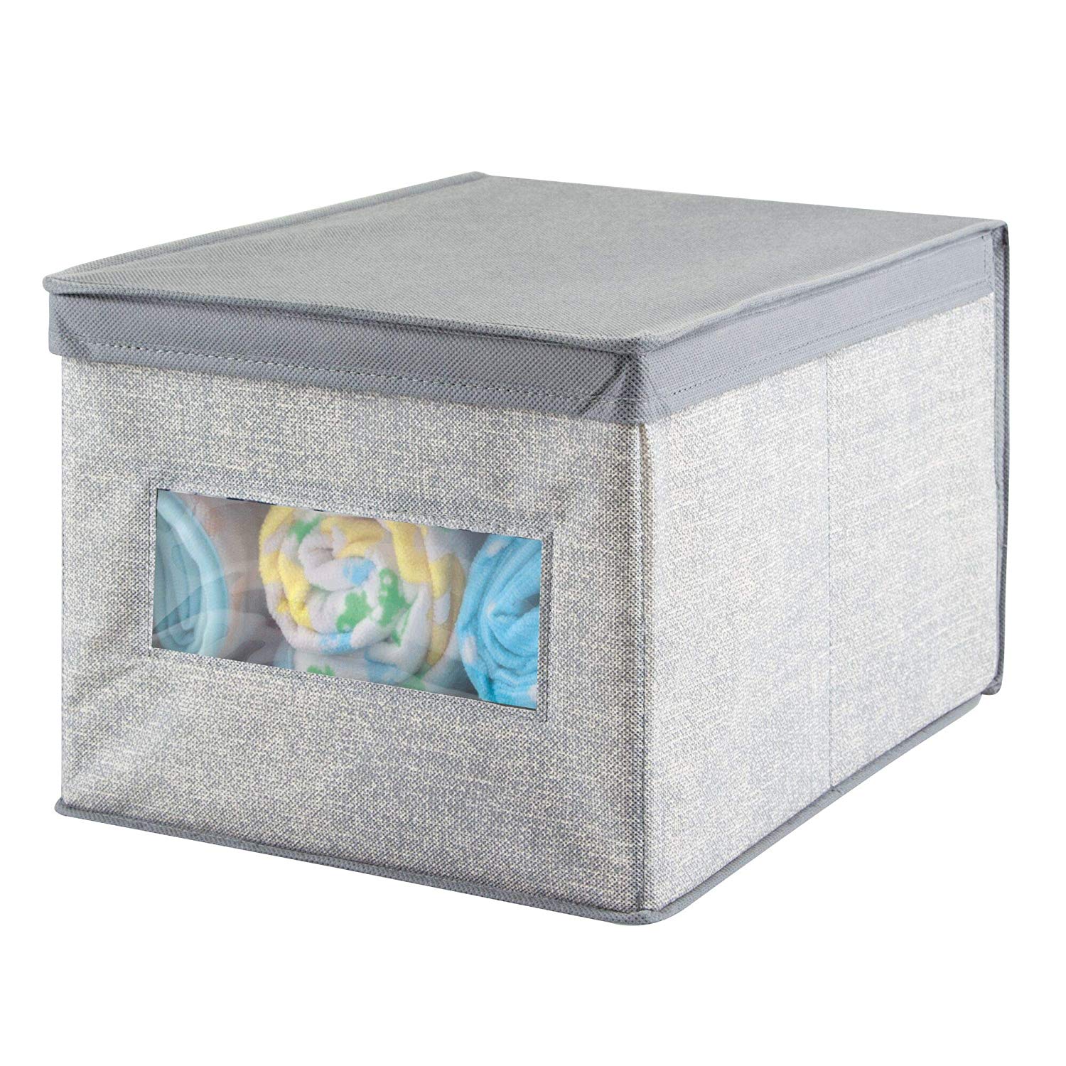 mDesign Decorative Soft Stackable Fabric Closet Storage Organizer Holder Box - Clear Window, Lid, for Child/Kids Room, Nursery - Large, Collapsible Foldable - Textured Print - Gray