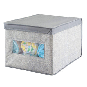 mDesign Decorative Soft Stackable Fabric Closet Storage Organizer Holder Box - Clear Window, Lid, for Child/Kids Room, Nursery - Large, Collapsible Foldable - Textured Print - Gray