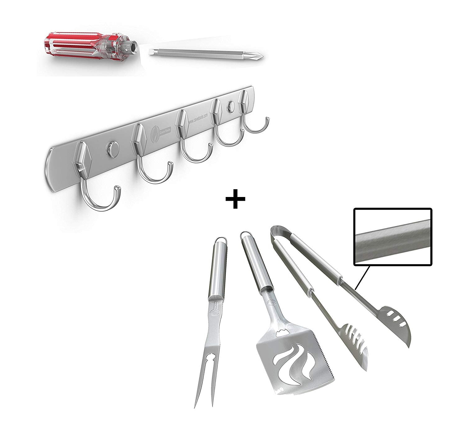 Hook Rack for BBQ Utensils + Grill Tools Set - HEAVY DUTY 20% THICKER STAINLESS STEEL - Professional Barbecue Accessories - 3 Piece Kit Includes Spatula Tongs & Fork -Birthday Gift Idea For Dad