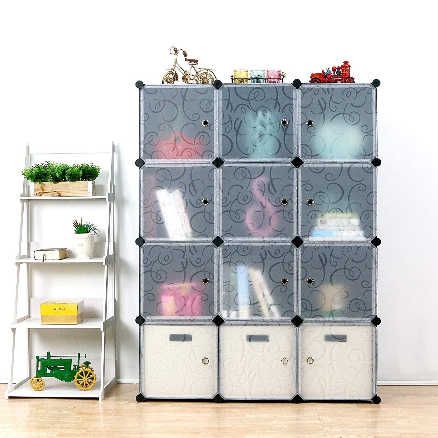 UNICOO - Multi Use DIY Plastic 12 Cube Organizer, Wardrobe Boxes, Storage Cabinet, Wardrobe Closet Bookcase, Black with White Door(Regular Cube)