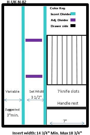 Craftsman Series - Style H Narrow Utensil Organizer & Cutlery Storage (H-UK-N-02) Drawer Interior Size Range: Width 14 3/4" - 18 3/4", Depth 15" - 21". Insert Min/Max Height see details below
