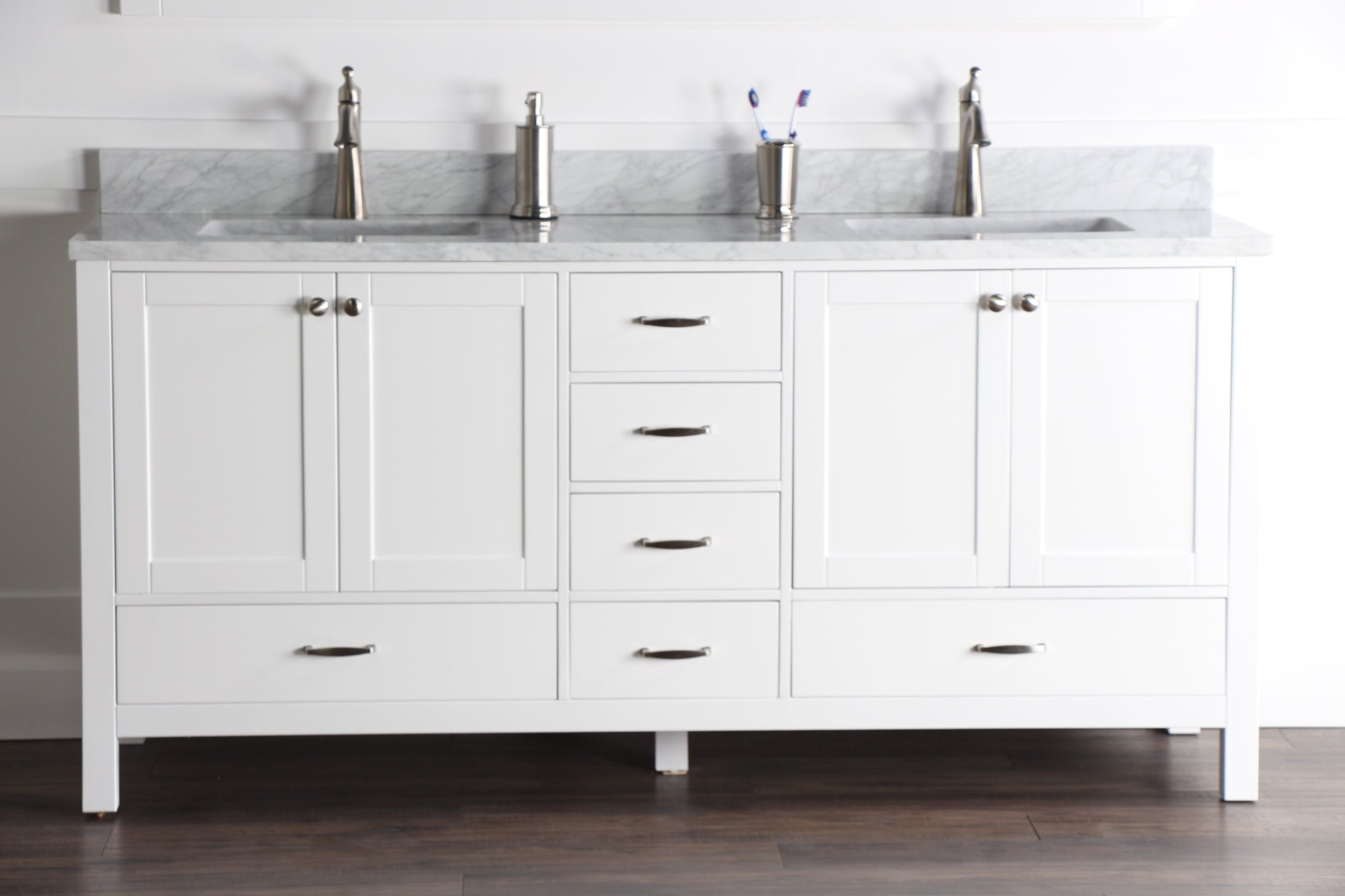Abigail 72", Naos, Bright White Bathroom Vanity with 3cm Bianco Carrara Marble Top, Double Sink