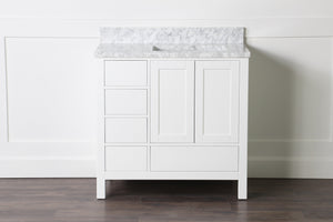 Abigail 36", Naos, Bright White Bathroom Vanity with 3cm Bianco Carrara Marble Top, Right